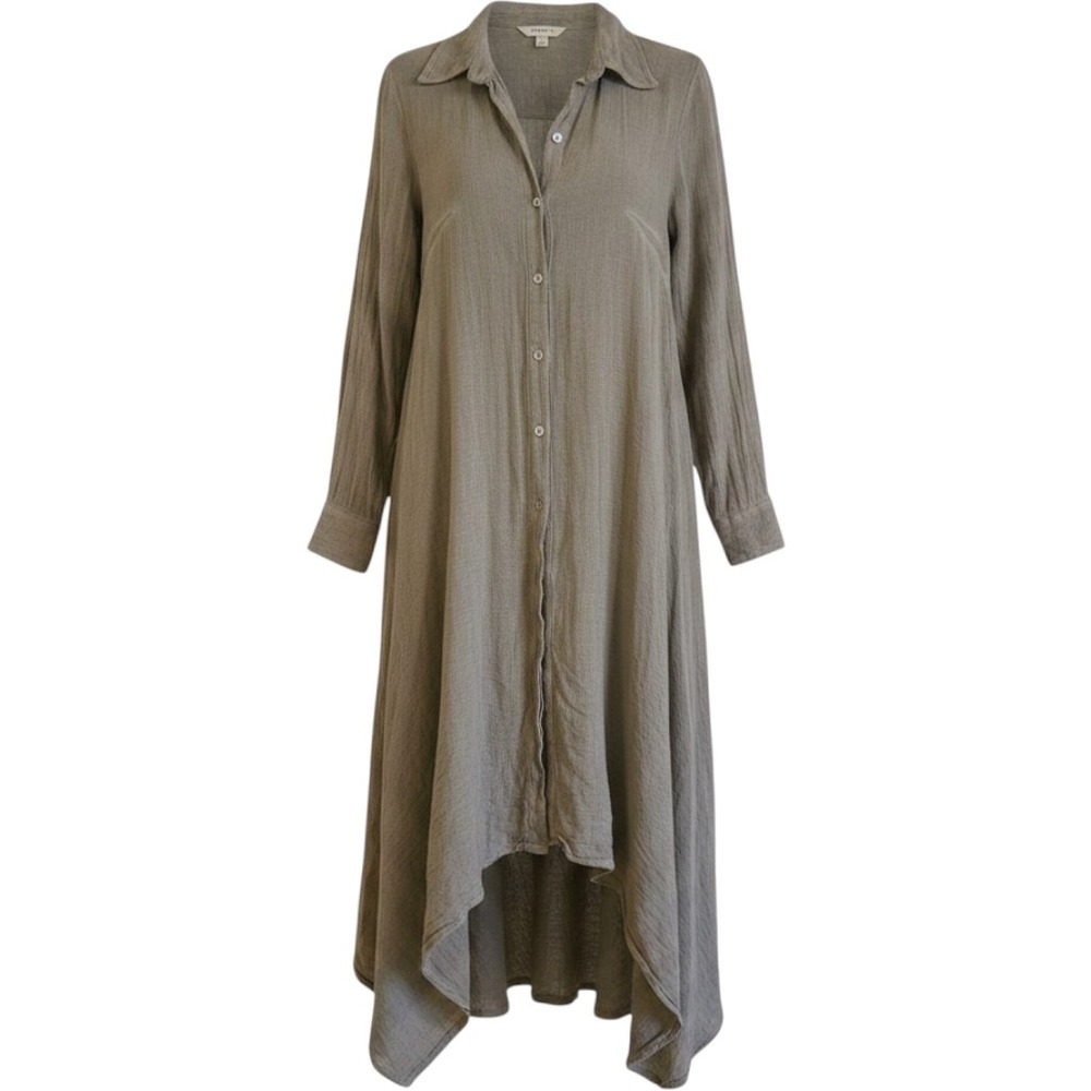 Suzy D London Cotton Linen High‎ Low Button Down Shirt Dress Duster Grey Small